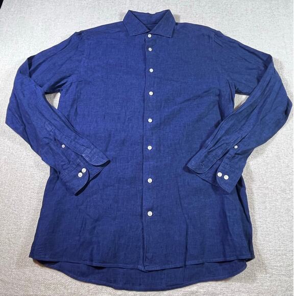 Eton Men’s 41/16 Blue 100% Linen Long Sleeve Button Front Collared Dress Shirt - Picture 1 of 7